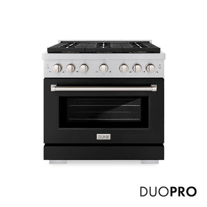 ZLINE 36 in. 5.2 cu. ft. Paramount Gas Range with 6 Burner DuoPro™ Cooktop and Convection Gas Oven with Black Matte Door (PSGR-BLM-36) main image.