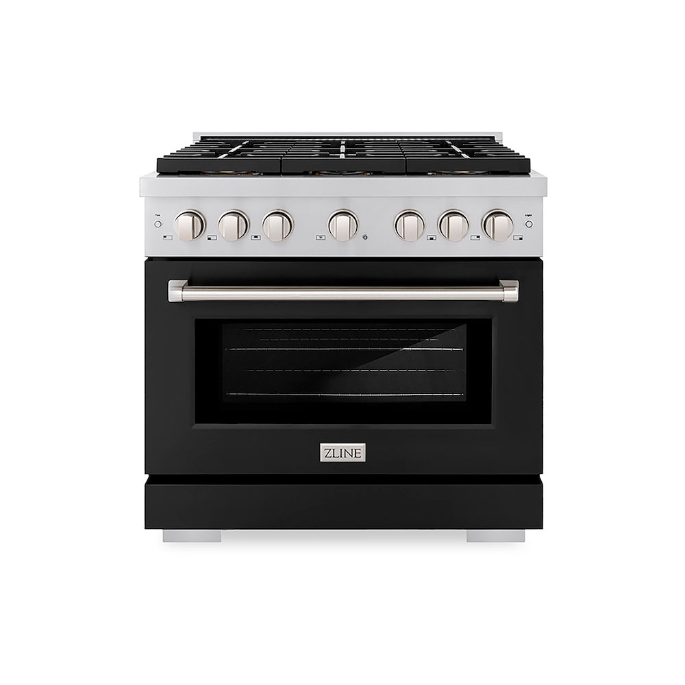 ZLINE 36 in. 5.2 cu. ft. Paramount Gas Range with 6 Burner DuoPro™ Cooktop and Convection Gas Oven with Black Matte Door (PSGR-BLM-36) front.