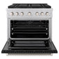 ZLINE 36 in. 5.2 cu. ft. Paramount Gas Range with 6 Burner DuoPro™ Cooktop and Convection Gas Oven with Black Matte Door (PSGR-BLM-36) front, oven open.