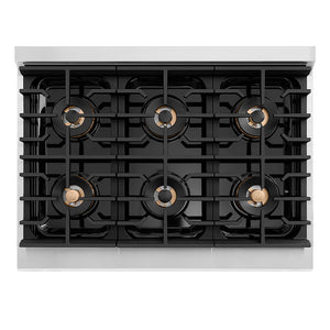 ZLINE 36 in. 5.2 cu. ft. Paramount Gas Range with 6 Burner DuoPro™ Cooktop and Convection Gas Oven with Black Matte Door (PSGR-BLM-36) top-down, above cooktop.