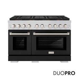 ZLINE 48 in. 6.7 cu. ft. Paramount Gas Range with 8 Burner DuoPro™ Cooktop and Dual Ovens with Black Matte Doors (PSGR-BLM-48) main image.