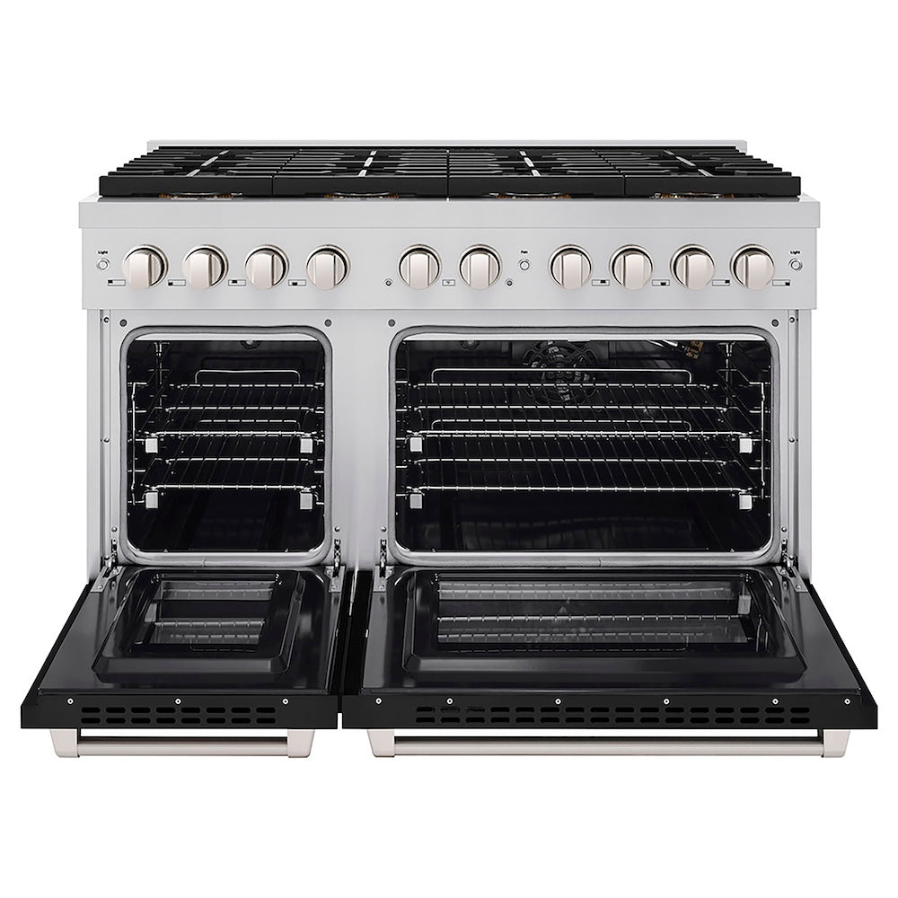 ZLINE 48 in. 6.7 cu. ft. Paramount Gas Range with 8 Burner DuoPro™ Cooktop and Dual Ovens with Black Matte Doors (PSGR-BLM-48) front, oven open.