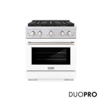 ZLINE 30 in. 4.2 cu. ft. Paramount Gas Range with 4 Burner DuoPro™ Cooktop and Convection Gas Oven with White Matte Door (PSGR-WM-30) front, with DuoPro™ logo.