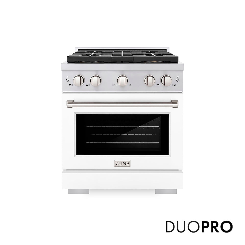 ZLINE 30 in. 4.2 cu. ft. Paramount Gas Range with 4 Burner DuoPro™ Cooktop and Convection Gas Oven with White Matte Door (PSGR-WM-30) front, with DuoPro™ logo.