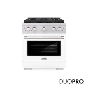 ZLINE 30 in. 4.2 cu. ft. Paramount Gas Range with 4 Burner DuoPro™ Cooktop and Convection Gas Oven with White Matte Door (PSGR-WM-30) main image.