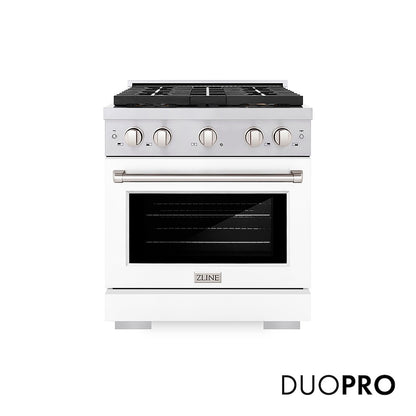 ZLINE 30 in. 4.2 cu. ft. Paramount Gas Range with 4 Burner DuoPro™ Cooktop and Convection Gas Oven with White Matte Door (PSGR-WM-30) front, with DuoPro™ logo.