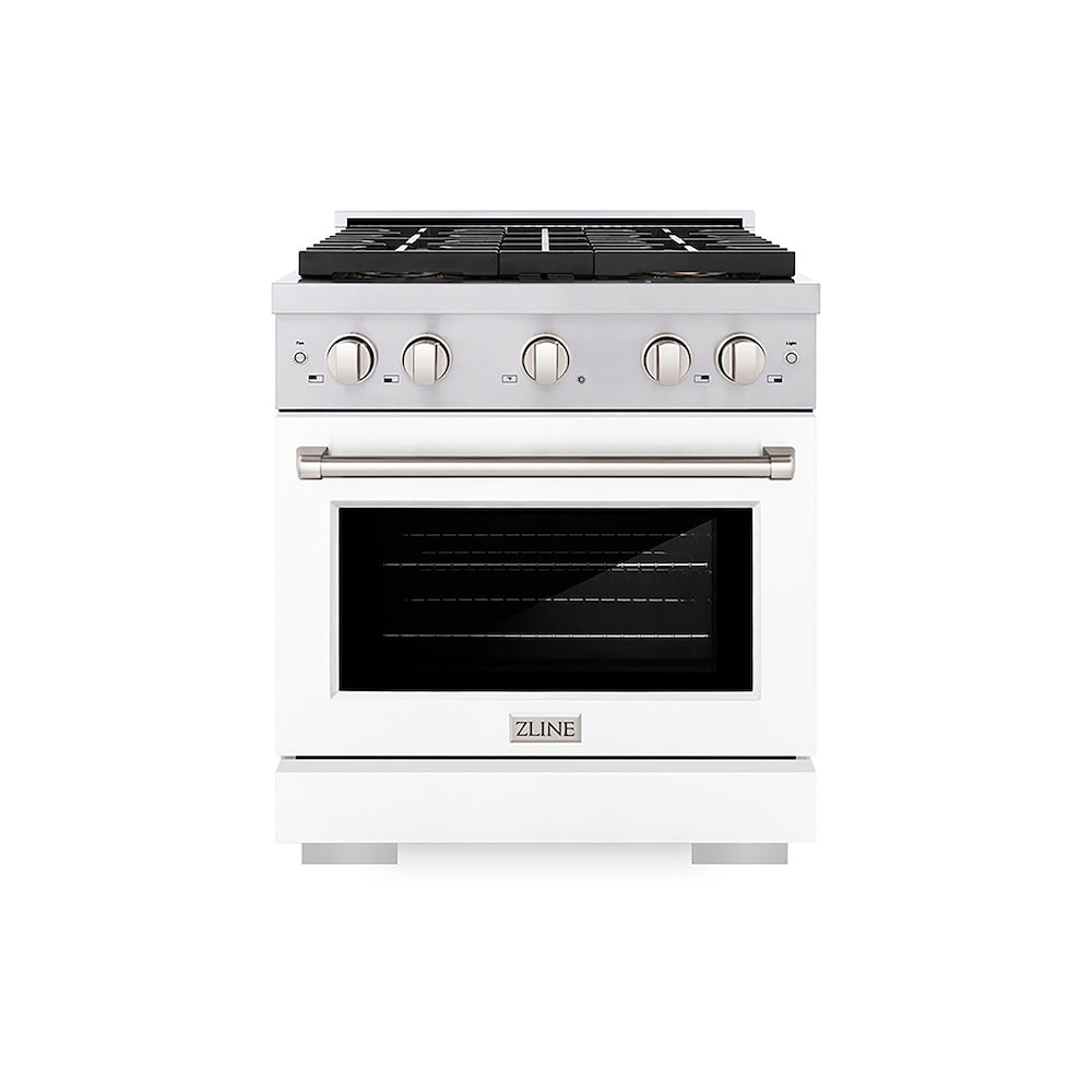 ZLINE 30 in. 4.2 cu. ft. Paramount Gas Range with 4 Burner DuoPro™ Cooktop and Convection Gas Oven with White Matte Door (PSGR-WM-30) front.