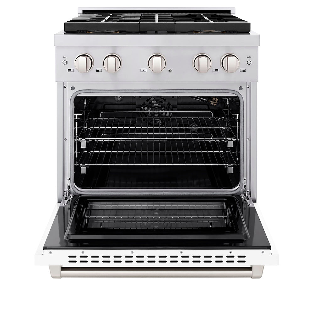 ZLINE 30 in. 4.2 cu. ft. Paramount Gas Range with 4 Burner DuoPro™ Cooktop and Convection Gas Oven with White Matte Door (PSGR-WM-30) front, oven open.