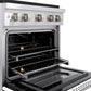 ZLINE 30 in. 4.2 cu. ft. Paramount Gas Range with 4 Burner DuoPro™ Cooktop and Convection Gas Oven with White Matte Door (PSGR-WM-30) side, oven open showing racks extended.
