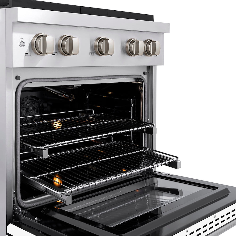ZLINE 30 in. 4.2 cu. ft. Paramount Gas Range with 4 Burner DuoPro™ Cooktop and Convection Gas Oven with White Matte Door (PSGR-WM-30) side, oven open showing racks extended.