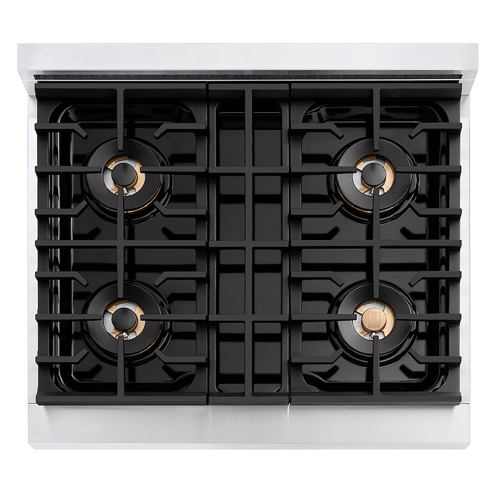 ZLINE 30 in. 4.2 cu. ft. Paramount Gas Range with 4 Burner DuoPro™ Cooktop and Convection Gas Oven with White Matte Door (PSGR-WM-30) top-down, above cooktop.