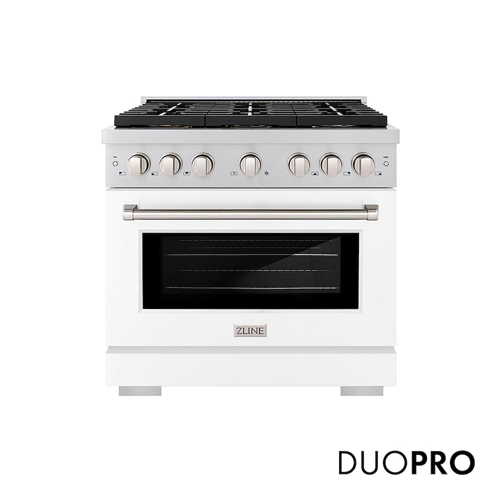 ZLINE 36 in. 5.2 cu. ft. Paramount Gas Range with 6 Burner DuoPro™ Cooktop and Convection Gas Oven with White Matte Door (PSGR-WM-36) main image.