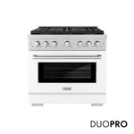 ZLINE 36 in. 5.2 cu. ft. Paramount Gas Range with 6 Burner DuoPro™ Cooktop and Convection Gas Oven with White Matte Door (PSGR-WM-36) front, with DuoPro™ logo.