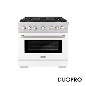 ZLINE 36 in. 5.2 cu. ft. Paramount Gas Range with 6 Burner DuoPro™ Cooktop and Convection Gas Oven with White Matte Door (PSGR-WM-36) main image.