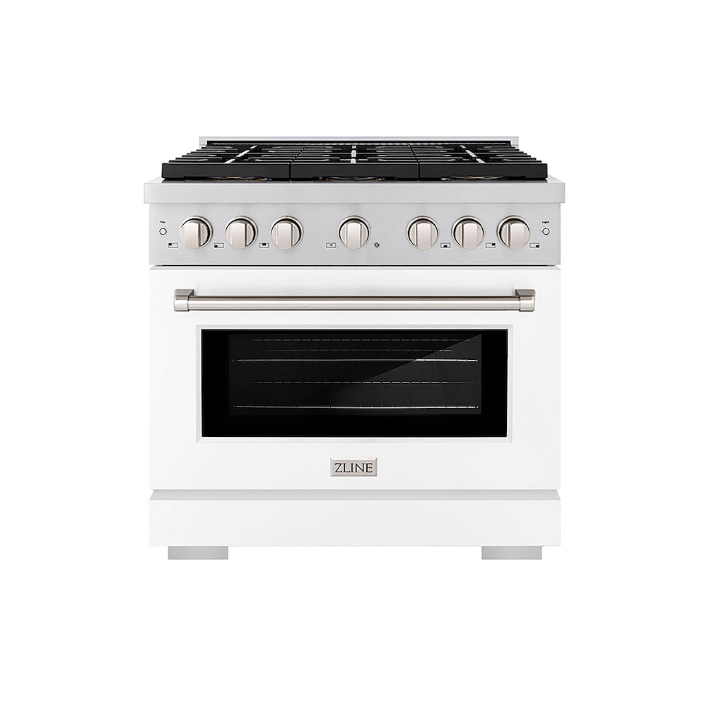 ZLINE 36 in. 5.2 cu. ft. Paramount Gas Range with 6 Burner DuoPro™ Cooktop and Convection Gas Oven with White Matte Door (PSGR-WM-36) front.
