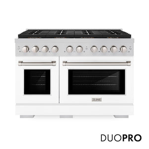 ZLINE 48 in. 6.7 cu. ft. Paramount Gas Range with 8 Burner DuoPro™ Cooktop and Dual Ovens with White Matte Doors (PSGR-WM-48) main image.