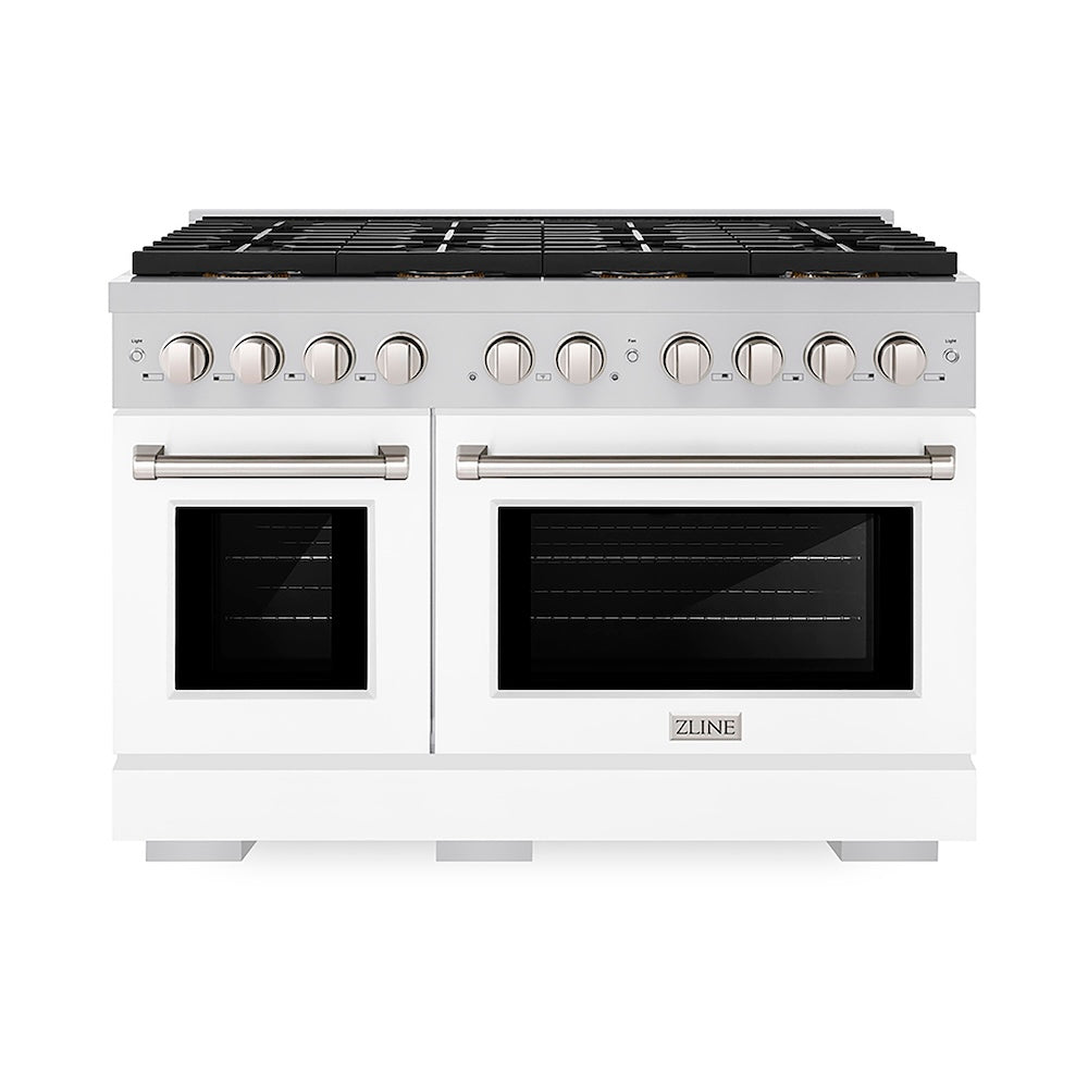 ZLINE 48 in. 6.7 cu. ft. Paramount Gas Range with 8 Burner DuoPro™ Cooktop and Dual Ovens with White Matte Doors (PSGR-WM-48) front.