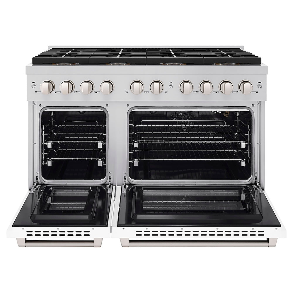 ZLINE 48 in. 6.7 cu. ft. Paramount Gas Range with 8 Burner DuoPro™ Cooktop and Dual Ovens with White Matte Doors (PSGR-WM-48) front, oven open.