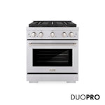 ZLINE 30 in. 4.2 cu. ft. Paramount Gas Range with 4 Burner DuoPro™ Cooktop and Convection Gas Oven in Stainless Steel (PSGR30) front, with DuoPro™ logo.