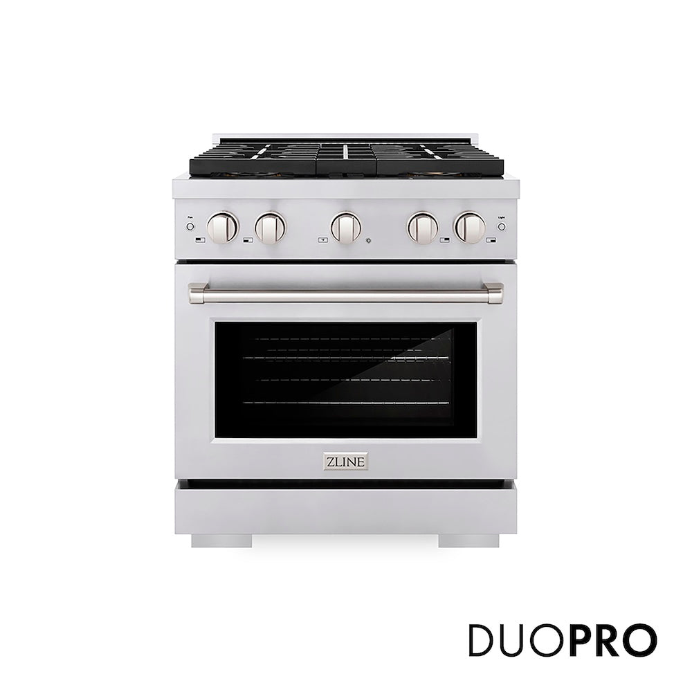 ZLINE 30 in. 4.2 cu. ft. Paramount Gas Range with 4 Burner DuoPro™ Cooktop and Convection Gas Oven in Stainless Steel (PSGR30) front, with DuoPro™ logo.