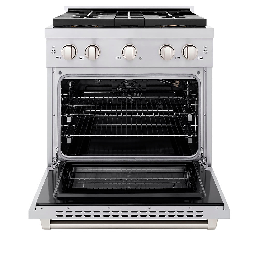 ZLINE 30 in. 4.2 cu. ft. Paramount Gas Range with 4 Burner DuoPro™ Cooktop and Convection Gas Oven in Stainless Steel (PSGR30) front, oven open.