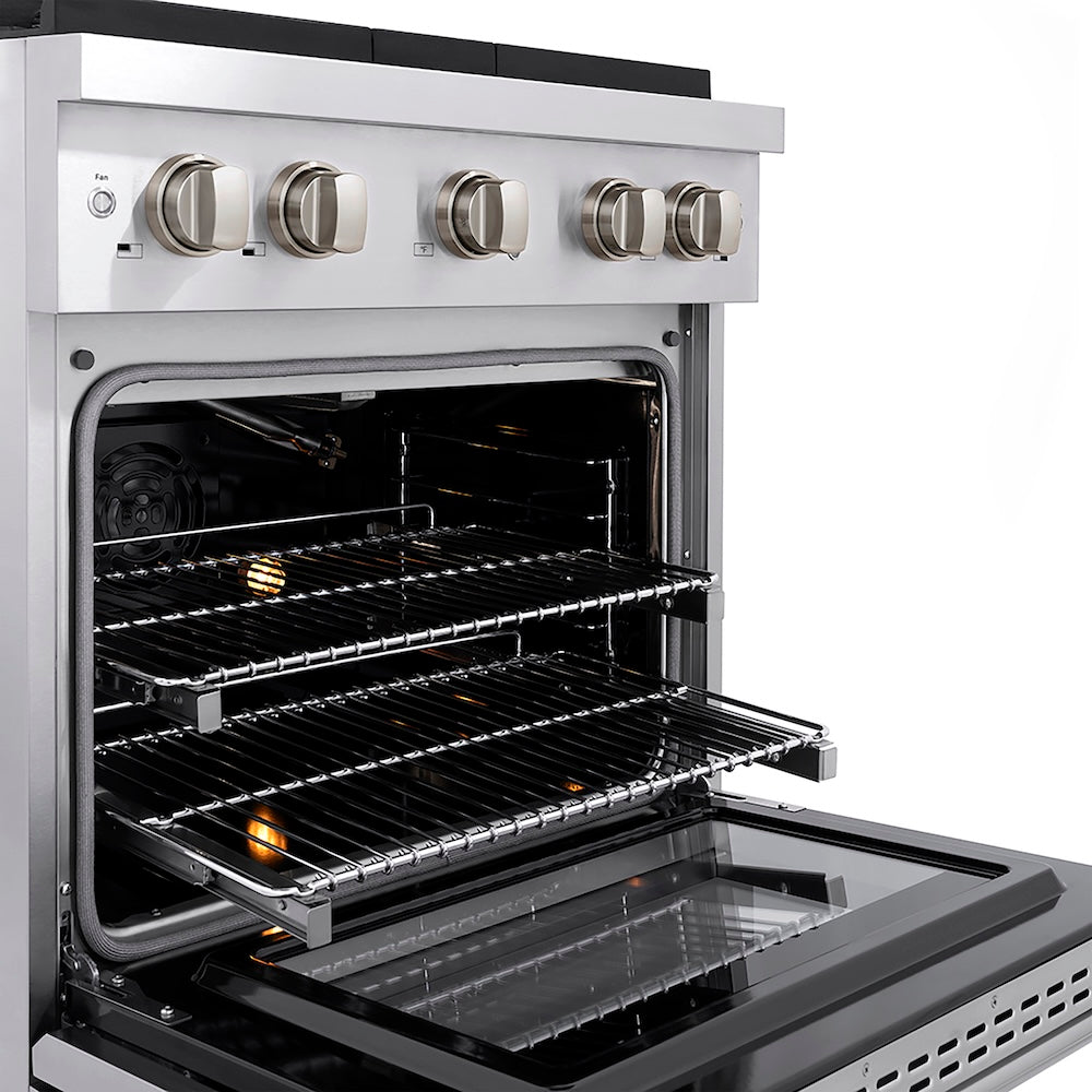 ZLINE 30 in. 4.2 cu. ft. Paramount Gas Range with 4 Burner DuoPro™ Cooktop and Convection Gas Oven in Stainless Steel (PSGR30) side, oven open showing racks extended.