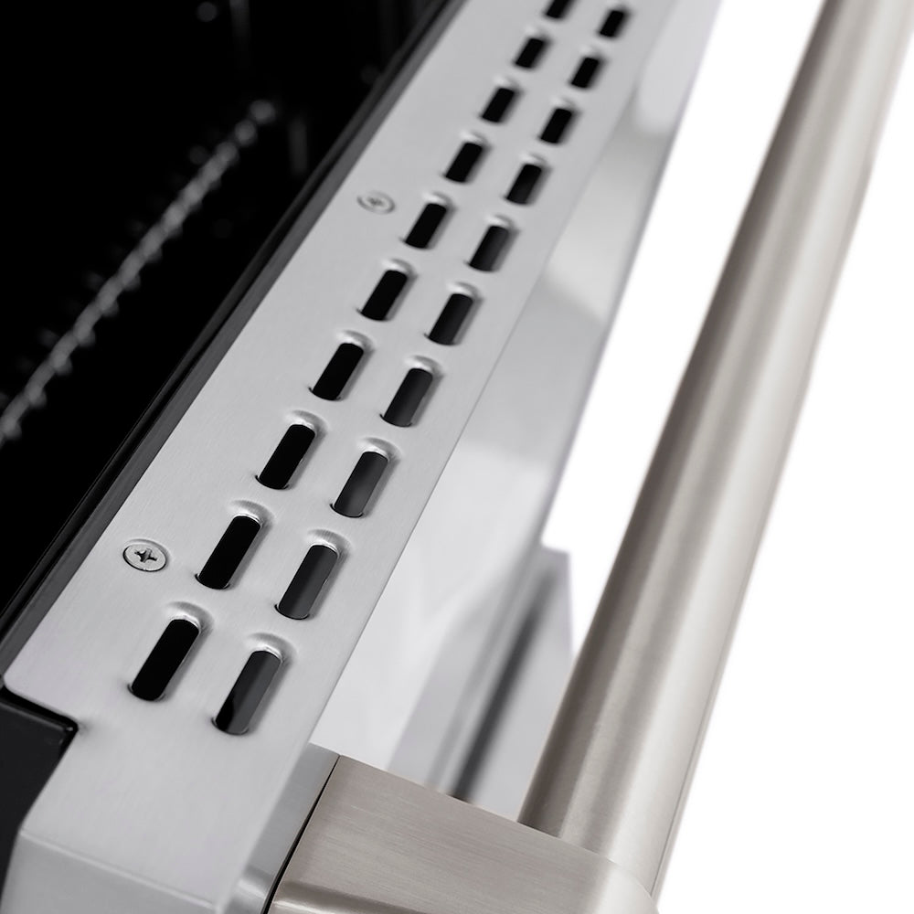 ZLINE 36 in. 5.2 cu. ft. Paramount Gas Range with 6 Burner DuoPro™ Cooktop and Convection Gas Oven in Stainless Steel (PSGR36) oven door slightly open showing handle detail.