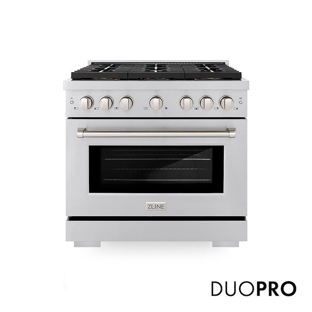 ZLINE 36 in. 5.2 cu. ft. Paramount Gas Range with 6 Burner DuoPro™ Cooktop and Convection Gas Oven in Stainless Steel (PSGR36) front, with DuoPro™ logo.