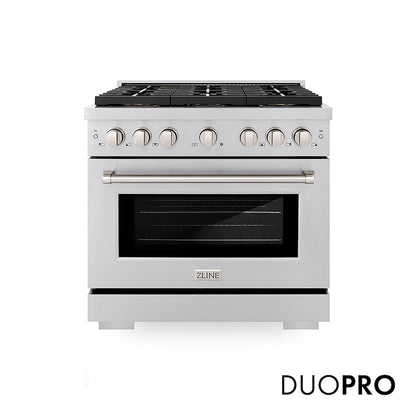 ZLINE 36 in. 5.2 cu. ft. Paramount Gas Range with 6 Burner DuoPro™ Cooktop and Convection Gas Oven in Stainless Steel (PSGR36) front, with DuoPro™ logo.