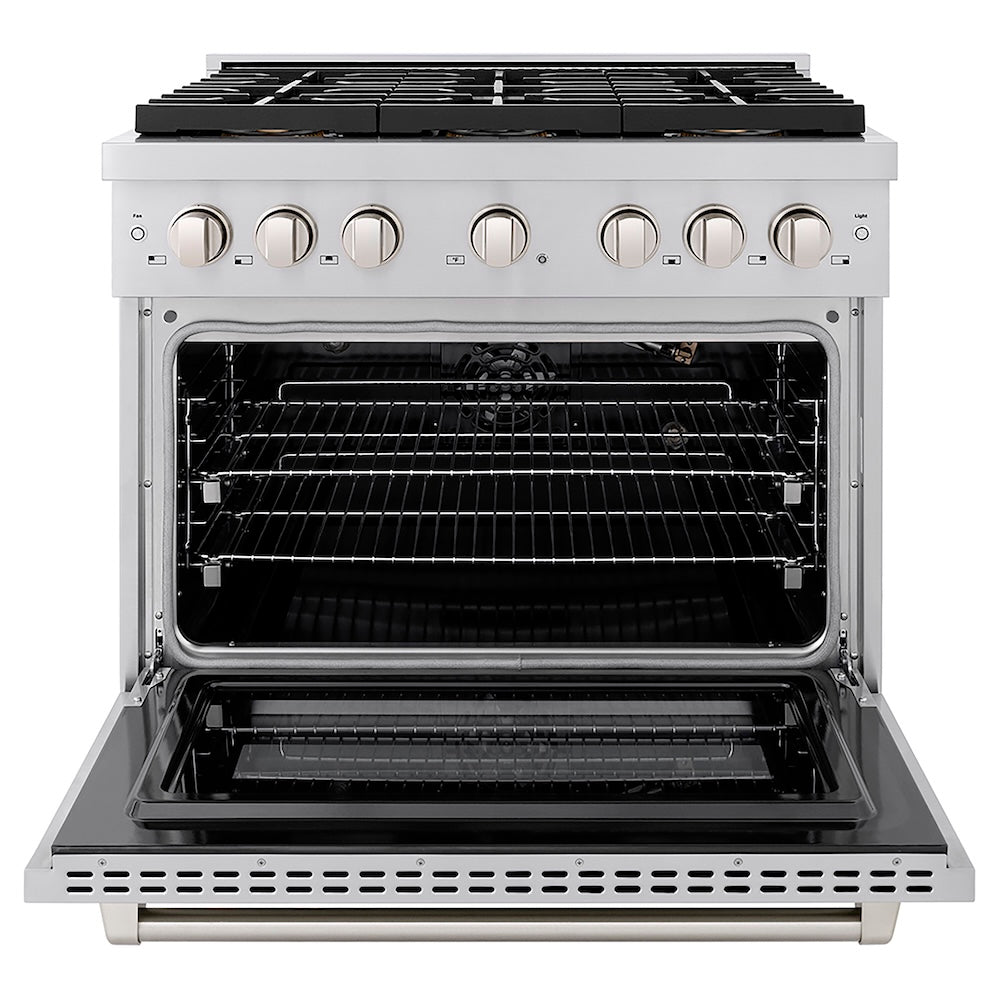 ZLINE 36 in. 5.2 cu. ft. Paramount Gas Range with 6 Burner DuoPro™ Cooktop and Convection Gas Oven in Stainless Steel (PSGR36) front, oven open.