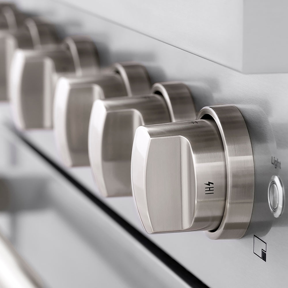 ZLINE 36 in. 5.2 cu. ft. Paramount Gas Range with 6 Burner DuoPro™ Cooktop and Convection Gas Oven in Stainless Steel (PSGR36) control knobs.