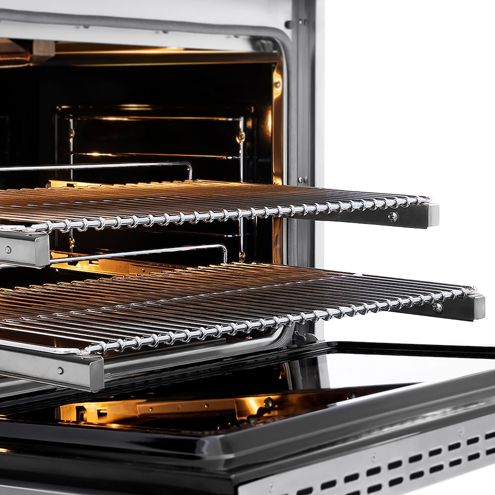 ZLINE 36 in. 5.2 cu. ft. Paramount Gas Range with 6 Burner DuoPro™ Cooktop and Convection Gas Oven in Stainless Steel (PSGR36) side, oven open showing racks extended.