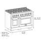 ZLINE Autograph Edition 48 in. 6.7 cu. ft. Paramount Gas Range with 8 Burner DuoPro™ Cooktop and Dual Ovens with White Matte Doors and Champagne Bronze Accents, Open Box-Good Condition dimensional diagram.