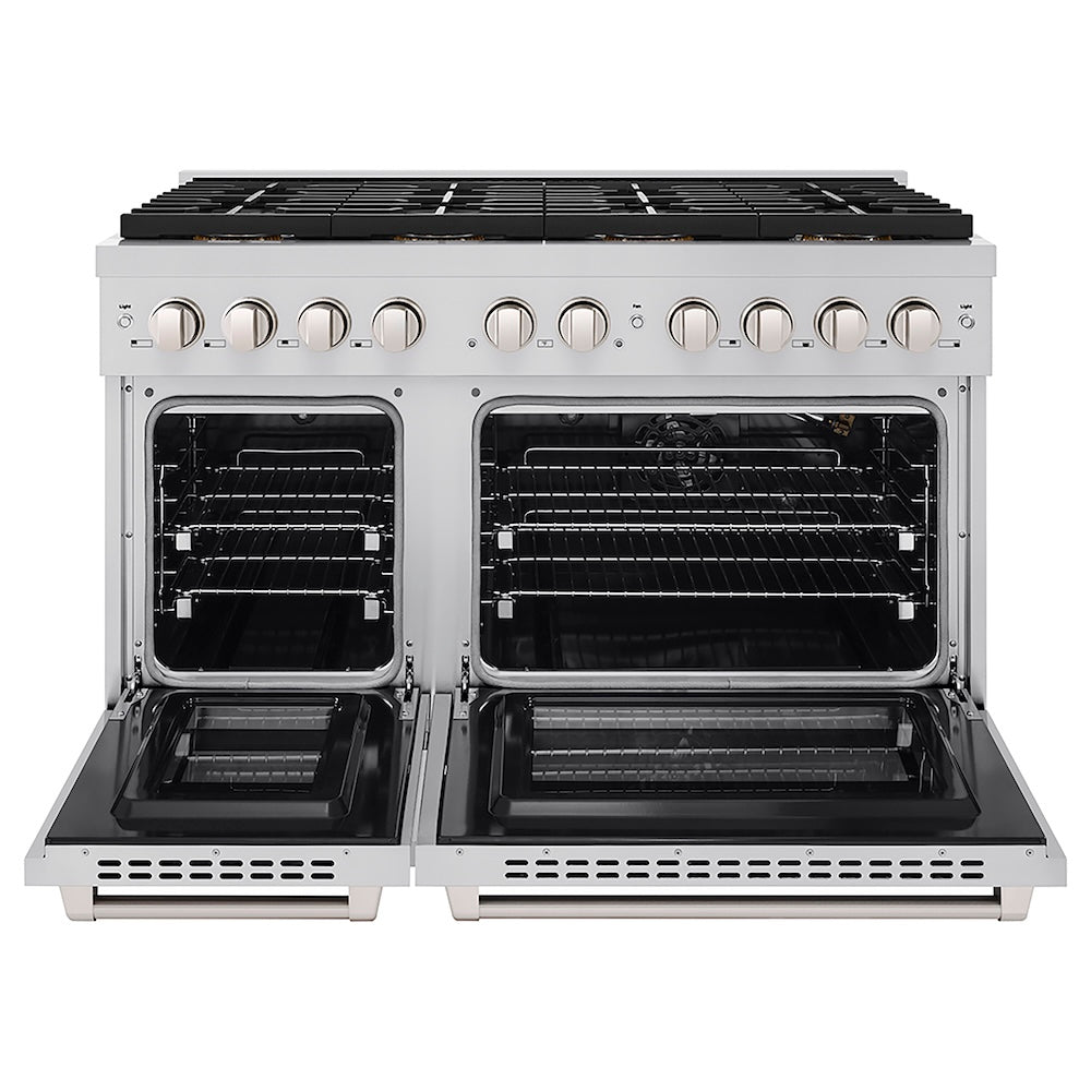 ZLINE 48 in. 6.7 cu. ft. Paramount Gas Range with 8 Burner DuoPro™ Cooktop and Dual Ovens in Stainless Steel (PSGR48) front, oven open.