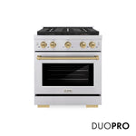 ZLINE Autograph Edition 30 in. 4.2 cu. ft. Paramount Gas Range with 4 Burner DuoPro™ Cooktop and Convection Gas Oven in Stainless Steel with Champagne Bronze Accents (PSGRZ-30-CB) front, with DuoPro™ logo.