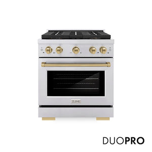 ZLINE Autograph Edition 30 in. 4.2 cu. ft. Paramount Gas Range with 4 Burner DuoPro™ Cooktop and Convection Gas Oven in Stainless Steel with Champagne Bronze Accents (PSGRZ-30-CB) main image.