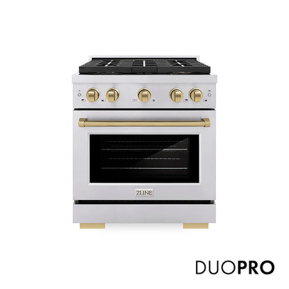 ZLINE Autograph Edition 30 in. 4.2 cu. ft. Paramount Gas Range with 4 Burner DuoPro™ Cooktop and Convection Gas Oven in Stainless Steel with Champagne Bronze Accents (PSGRZ-30-CB) front, with DuoPro™ logo.