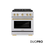 ZLINE Autograph Edition 30 in. 4.2 cu. ft. Paramount Gas Range with 4 Burner DuoPro™ Cooktop and Convection Gas Oven in Stainless Steel with Champagne Bronze Accents, Open Box-Good Condition
