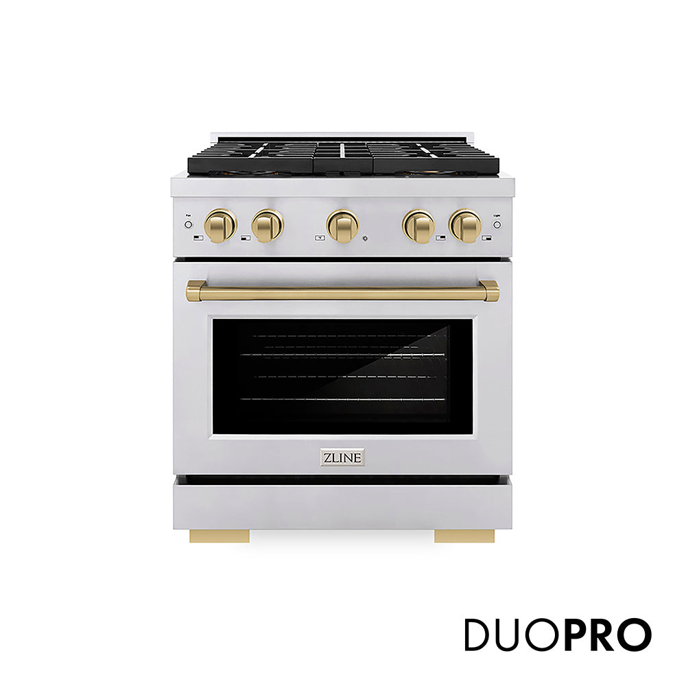 ZLINE Autograph Edition 30 in. 4.2 cu. ft. Paramount Gas Range with 4 Burner DuoPro™ Cooktop and Convection Gas Oven in Stainless Steel with Champagne Bronze Accents, Open Box-Good Condition