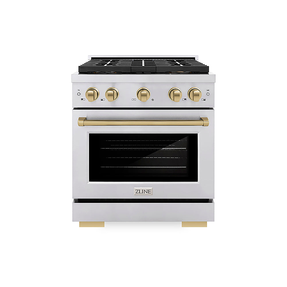 ZLINE Autograph Edition 30 in. 4.2 cu. ft. Paramount Gas Range with 4 Burner DuoPro™ Cooktop and Convection Gas Oven in Stainless Steel with Champagne Bronze Accents, Open Box-Good Condition