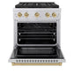 ZLINE Autograph Edition 30 in. 4.2 cu. ft. Paramount Gas Range with 4 Burner DuoPro™ Cooktop and Convection Gas Oven in Stainless Steel with Champagne Bronze Accents (PSGRZ-30-CB) front, oven open.