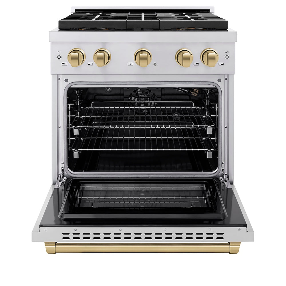 ZLINE Autograph Edition 30 in. 4.2 cu. ft. Paramount Gas Range with 4 Burner DuoPro™ Cooktop and Convection Gas Oven in Stainless Steel with Champagne Bronze Accents (PSGRZ-30-CB) front, oven open.