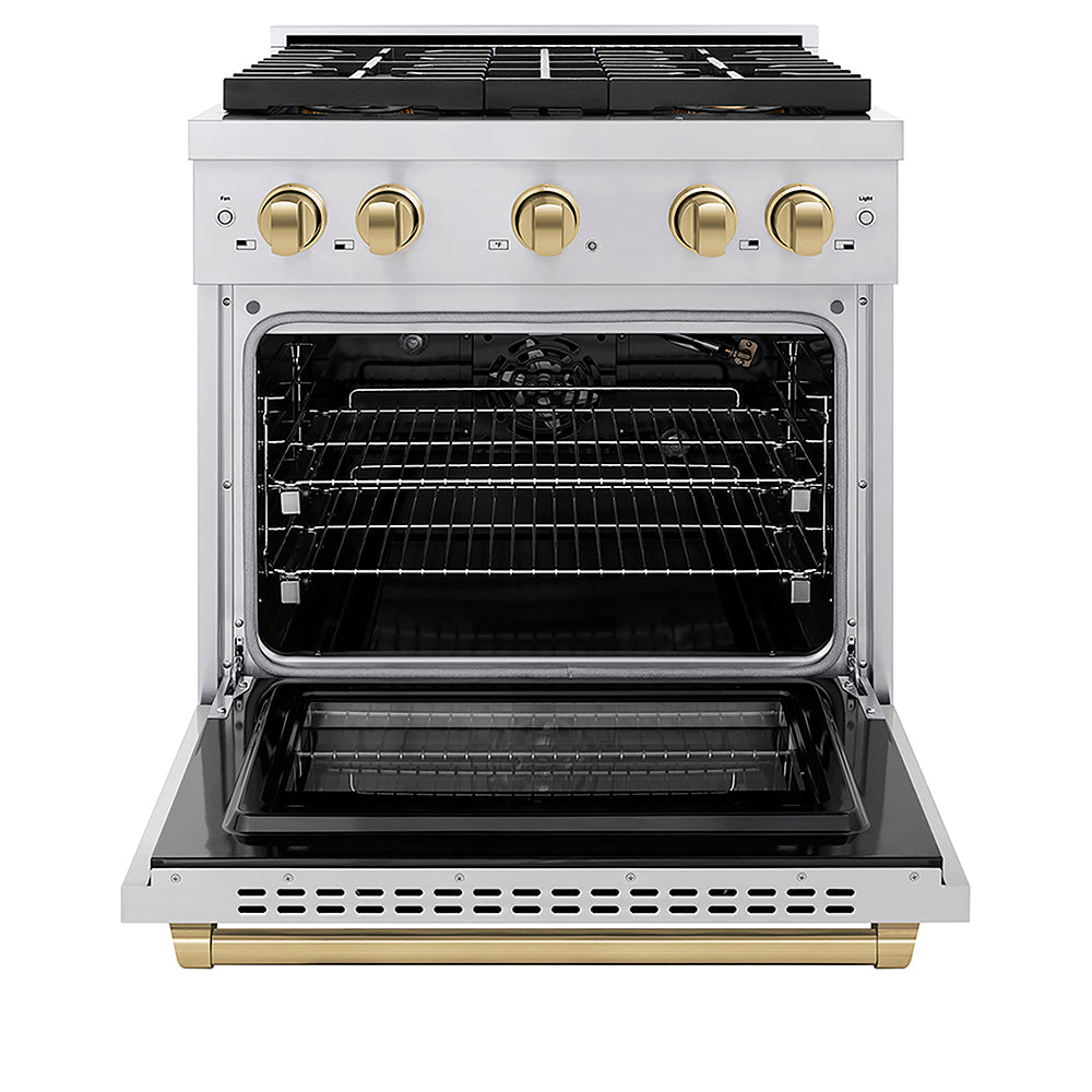 ZLINE Autograph Edition 30 in. 4.2 cu. ft. Paramount Gas Range with 4 Burner DuoPro™ Cooktop and Convection Gas Oven in Stainless Steel with Champagne Bronze Accents, Open Box-Good Condition