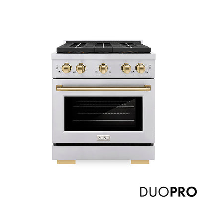 ZLINE Autograph Edition 30 in. 4.2 cu. ft. Paramount Gas Range with 4 Burner DuoPro™ Cooktop and Convection Gas Oven in Stainless Steel with Polished Gold Accents, Open Box-Good Condition