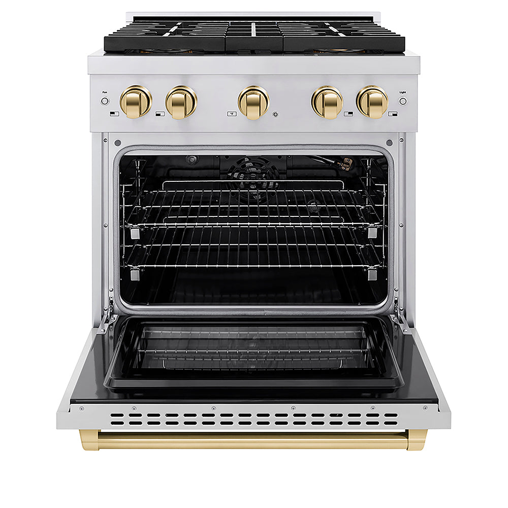 ZLINE Autograph Edition 30 in. 4.2 cu. ft. Paramount Gas Range with 4 Burner DuoPro™ Cooktop and Convection Gas Oven in Stainless Steel with Polished Gold Accents, Open Box-Good Condition