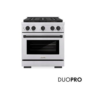 ZLINE Autograph Edition 30 in. 4.2 cu. ft. Paramount Gas Range with 4 Burner DuoPro™ Cooktop and Convection Gas Oven in Stainless Steel with Matte Black Accents, Open Box-Great Condition main image.