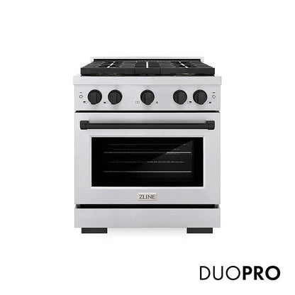 ZLINE Autograph Edition 30 in. 4.2 cu. ft. Paramount Gas Range with 4 Burner DuoPro™ Cooktop and Convection Gas Oven in Stainless Steel with Matte Black Accents, Open Box-Great Condition