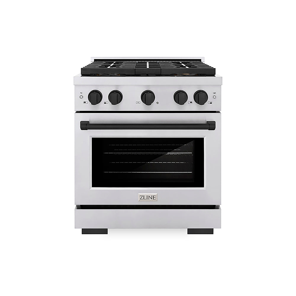 ZLINE Autograph Edition 30 in. 4.2 cu. ft. Paramount Gas Range with 4 Burner DuoPro™ Cooktop and Convection Gas Oven in Stainless Steel with Matte Black Accents, Open Box-Good Condition