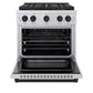 ZLINE Autograph Edition 30 in. 4.2 cu. ft. Paramount Gas Range with 4 Burner DuoPro™ Cooktop and Convection Gas Oven in Stainless Steel with Matte Black Accents (PSGRZ-30-MB) front, oven open.