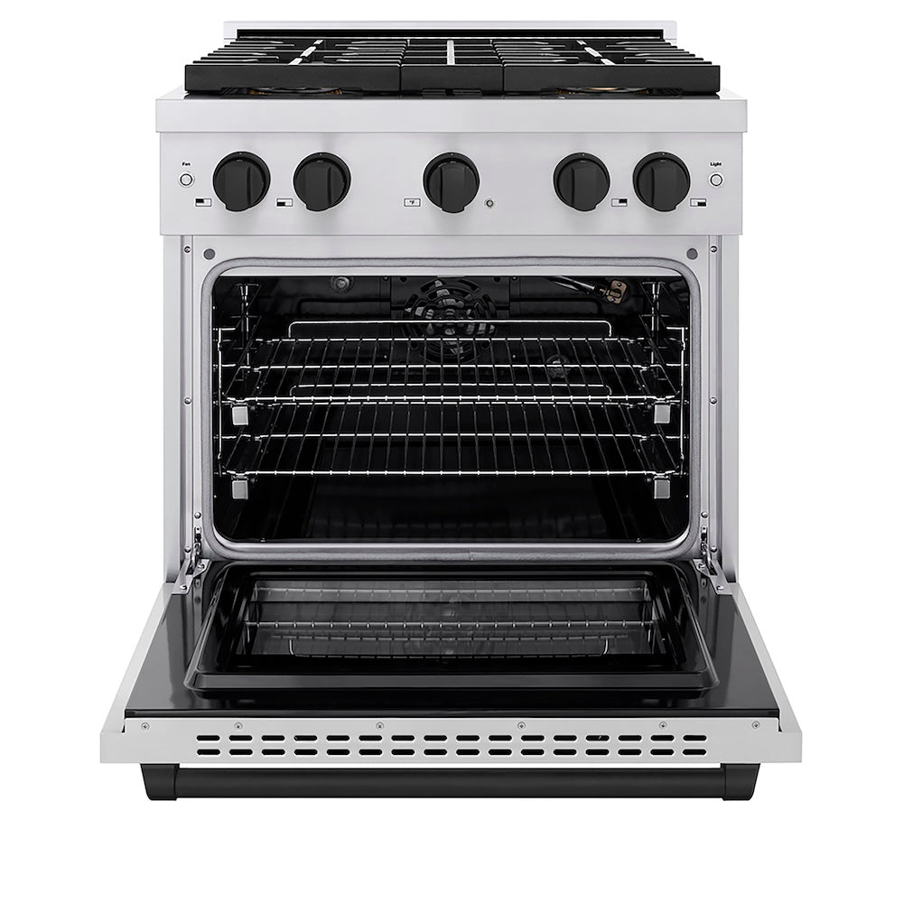 ZLINE Autograph Edition 30 in. 4.2 cu. ft. Paramount Gas Range with 4 Burner DuoPro™ Cooktop and Convection Gas Oven in Stainless Steel with Matte Black Accents (PSGRZ-30-MB) front, oven open.